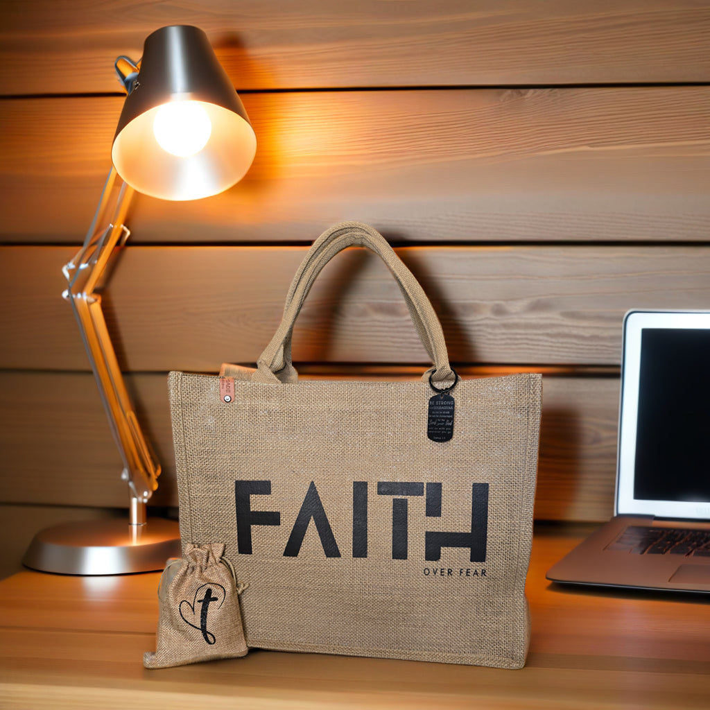 Faith Over Fear Burlap Tote Bag