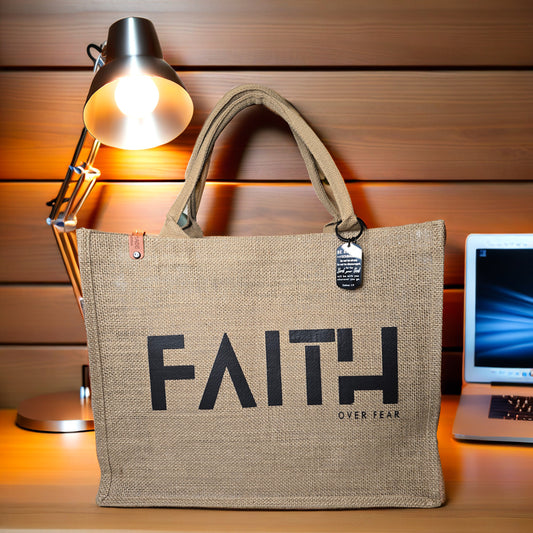 Faith Over Fear Burlap Tote Bag