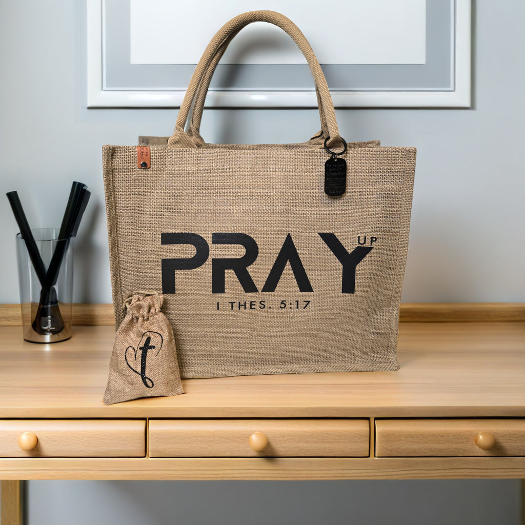 Pray- up Burlap Tote Bag